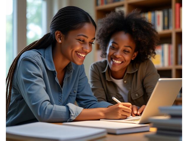 An older published author mentoring a younger teen writer, both looking at a manuscript with encouraging smiles.