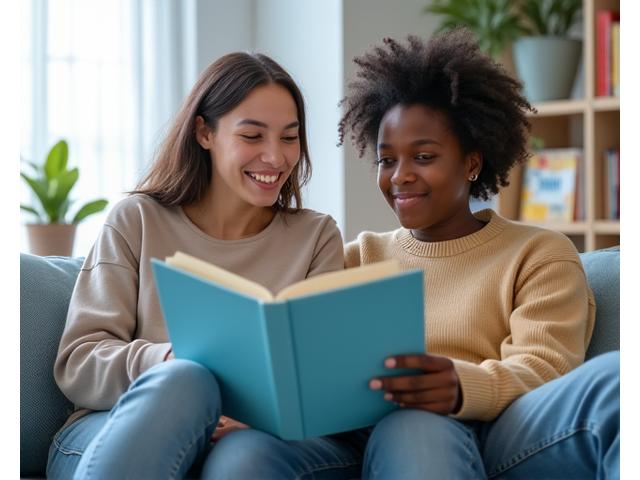 Parent and educator calmly discussing a book with a teenager in a bright, inviting space.
