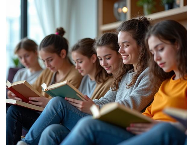 A diverse group of teenagers happily reading books in a comfortable, modern library setting.